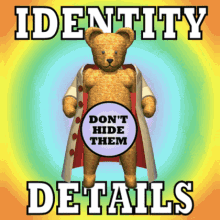 Brown bear in white coat with purple circle on chest and serious expression gif