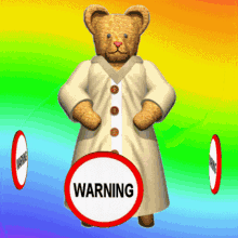 Brown Bear in White Coat with Warning Signs Gif