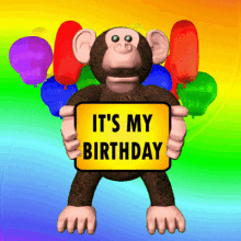 Brown cartoon monkey holding a yellow sign that says IT'S MY BIRTHDAY with colorful balloons in the background gif
