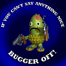Cartoon Green Alien with Guns and Wine Bottles GIF