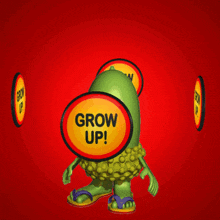 Cartoon Monster Rotating and Showing GROW UP Text