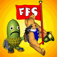FFS Annoyed Green Creature and Teddy Bear with Flag GIF