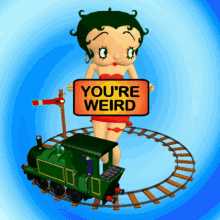 GIF Animation of Cartoon Girl Holding YOU'RE WEIRD Sign