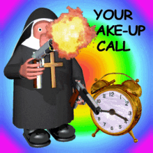 GIF Animation of Nun with Gun and Alarm Clock