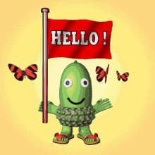 Green cartoon character waving flag and greeting gif