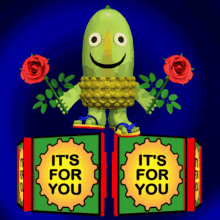 Green cartoon character with a rose, IT'S FOR YOU, gift, animation, charming, whimsical, fantasy, storytelling, captivating, friendly, inviting, waving, gesturing, romantic, magic, wonder, pedestal, y