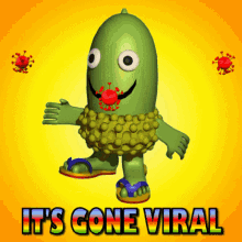 Green cartoon character with open arms and smiling face, surrounded by virus patterns, with the caption IT'S GONE VIRAL trending on social media.