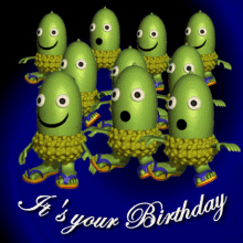 Green cartoon monsters with happy birthday text gif