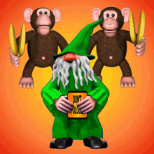 Green-Clothed Cartoon Character with DON'T PULL MY POGUE Sign and Monkeys with Bananas GIF