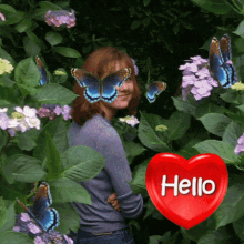 Hello Hello There Girl in Flowers with Butterflies and a Red Heart 3D GIF