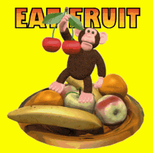 Monkey eating fruit in fruit bowl gif