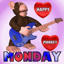 Monkey with Guitar and Heart, Happy Monday GIF