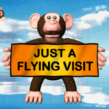 Monkey with sign saying Just a flying visit gif