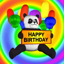 Panda Holding a Sign with “HAPPY BIRTHDAY” and Surrounded by Colorful Balloons and a Colorful Spiral Background Gif