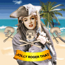 Pirate girl holding microphone with beach and skull background