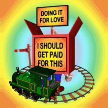 Red and green cartoon characters holding signs and a train on the tracks gif