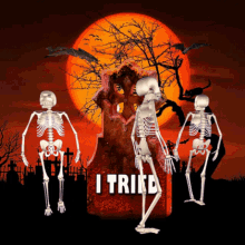 Skeleton dancing in the cemetery under the blood-red sky and moon GIF