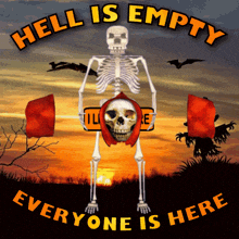 Skeleton with Skull in Arms, Red Cape, and Flag, Hell is Empty, Everyone is Here, Halloween Horror, 3D GIF