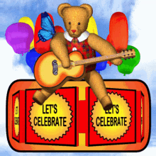 Teddy Bear Playing Guitar on Red Box with Balloons and Blue Sky Background GIF