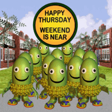 Thursday Is Coming, Weekend Is Near, Green Cartoon Characters Dancing, Yellow Sign, Houses, Happy Thursday, Weekend Is Near Gif